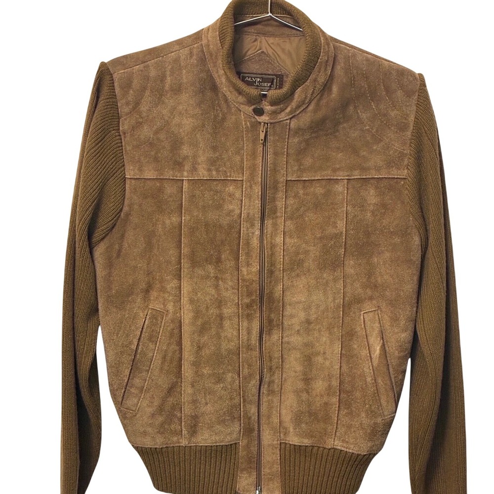 Alvin Josef Vintage Mens Brown Suede Leather Knit Bomber Jacket Medium Zip Up